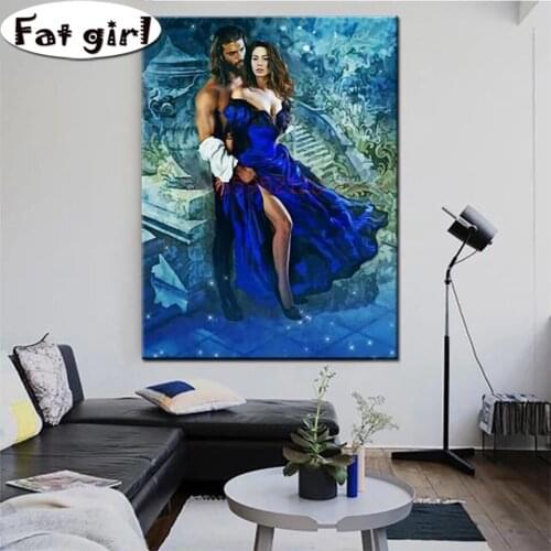Full Square Round Drill 5D Diamond Painting Intimate Couple Mosaic Cross Stitch Blue Skirt Embroidery Handmade Wall Decoration