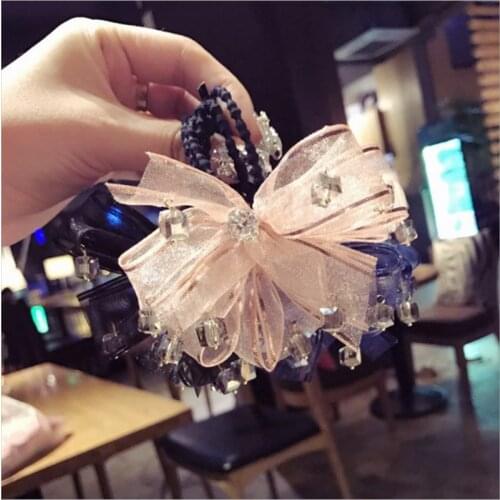 Lace Bowknot Crystal Hair Rope Fashion Accessories Women Solid Color High Elastic Beaded Bow Hair Ring Rubber Band Headwear New
