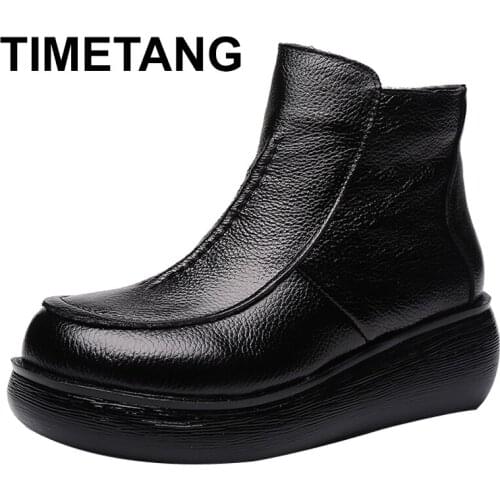 TIMETANG 2020 New Genuine Leather Winter Boots For Women Flat Shoes Ladies Snow Boots Women Flat Keep Warm Platform Work Shoes