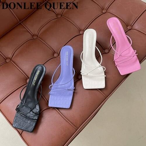 2021 Fashion Brand Square Toe Slippers Women Low Heel Sandal Slip On Slide Casual Outdoor Flip Flops Narrow Band Sandalias Mujer