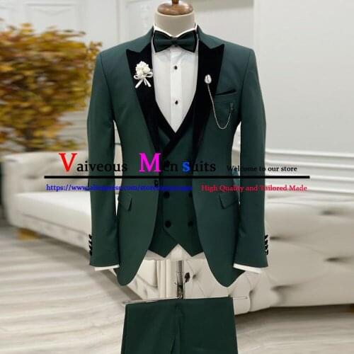 Dark Green Men Suits Black Lapel Wedding Groom Suits Tuxedos Formal Bridegroom Party Prom Blazer 3 Pieces (Jacket+Pant+Vest)