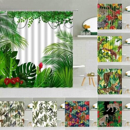 Tropical Rainforest Animal Scenery Shower Curtains Green Leaves Leopard Giraffe Zebra Monkey Bathroom Decor Hooks Curtain Set