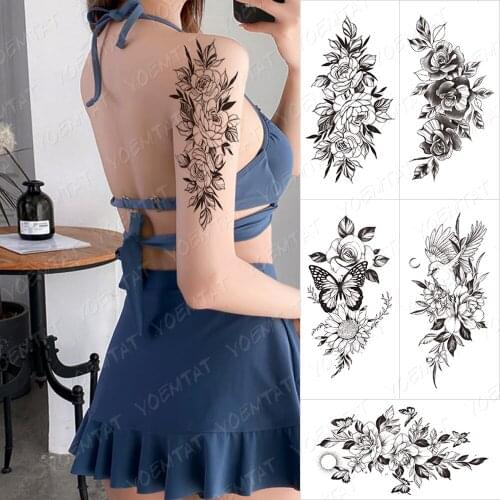 Waterproof Temporary Tattoo Sticker Rose Flower Moon Pearl Chain Flash Tattoo Female Black Sexy Body Art Chest Fake Tattoo Women