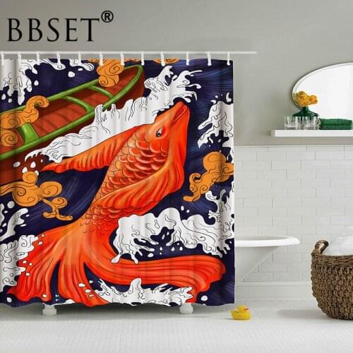 Marine Life Shower Curtain Big Red Fish and Boat In The Sea Pattern Waterproof Multi-size Douchegordijn Bathroom Decor with Hook
