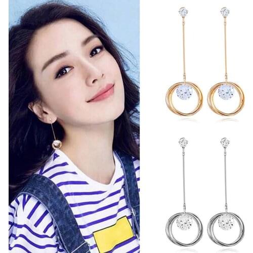 Women Cubic Zirconia Circles Dangle Long Stud Earrings Statement Jewelry Gift