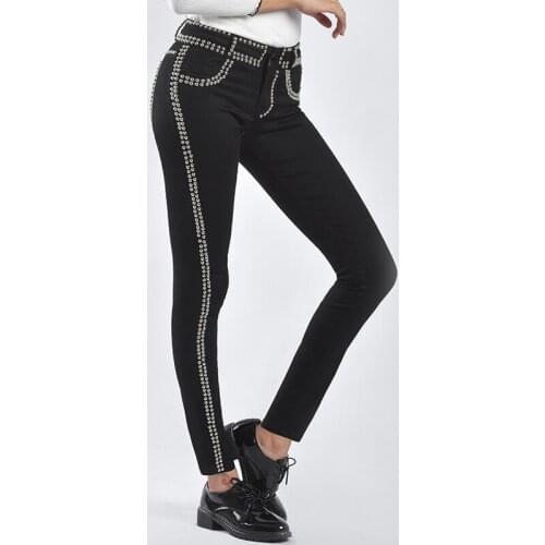 Black Rivet Skinny Jeans Woman New Side Stripe Boyfriend Jeans High Street Moto Biker Jeans Punk Club Wear