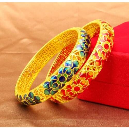 Womens Bracelet Flower Hollow 3D Hard Gold Ancient Enamel Copper Gilded Bracelet Bride Wild Jewelry Wholesale