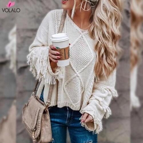 Women Warm Sweater 2018 Long Sleeve Tassel Jumper Pullovers Knitted Sweaters Female Pull Femme Contrast Color Winter Sweater