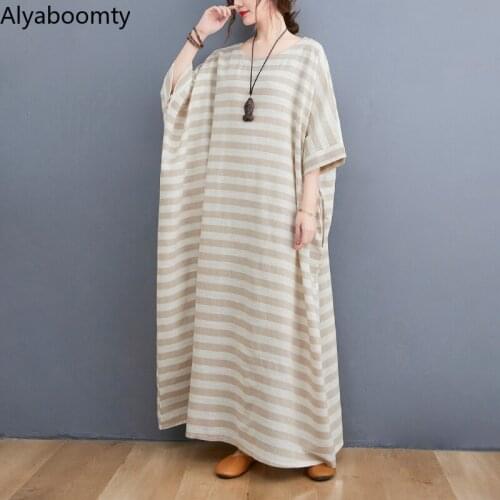 Summer Autumn Women Oversized Maxi Long Dress Contrast Color Striped Baggy Loose Gown Batwing Sleeve Pockets Belt Vintage Dress