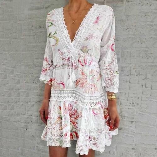 New Vintage Summer Women Dress Floral Print Crochet Patchwork 3/4 Sleeve Deep V Neck Lace-up Ruffled Large Hem Dress Beachwear