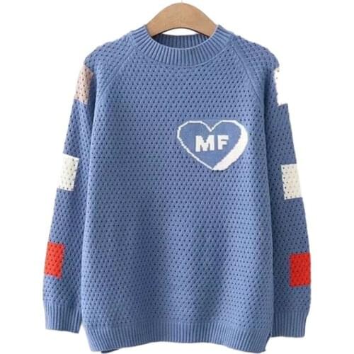 MERRY PRETTY Winter Knitted Sweaters Sweet Style Long Sleeve O-Neck Loose Pullovers Femme Heart Letter Print Hollow Out Sweater