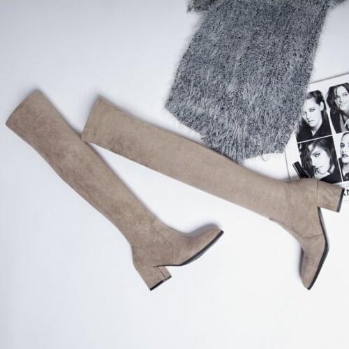 Winter Suede Womens Boots Women Stretch Fashion Red Black Sexy High-heeled Boots Plush Knee-length Leather Boots Womens Shoes