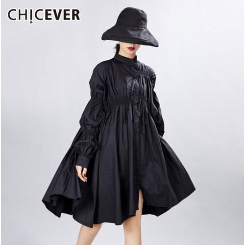 CHICEVER Korean Ruched Shirt Dress Women Puff Sleeve Oversized Loose Asymmetric Dress Female Fashion Clothes Autumn 2020 New