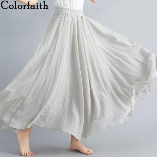 Colorfaith 2020 Women Maxi Skirt Spring Summer Pleated 20 Colors Cotton and Linen Flared High Elastic Waist Long Skirts SK8073