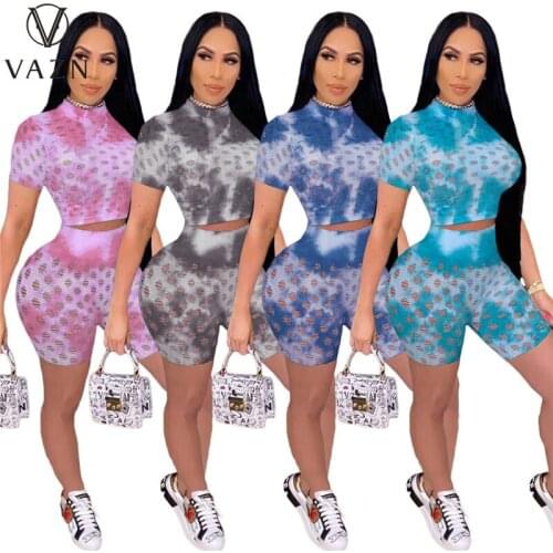 VAZN 2021 Summer Tie Dye Print Sport Fitness Short Sleeve O-neck Suits 2 Piece Set Beach 2 Piece Set Women Top And Pant