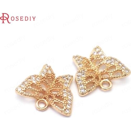 38864)6PCS 12x14MM 24K Champagne Gold Color Brass and Zircon Butterfly Charms Pendants Jewelry Making Supplies Diy Accessories