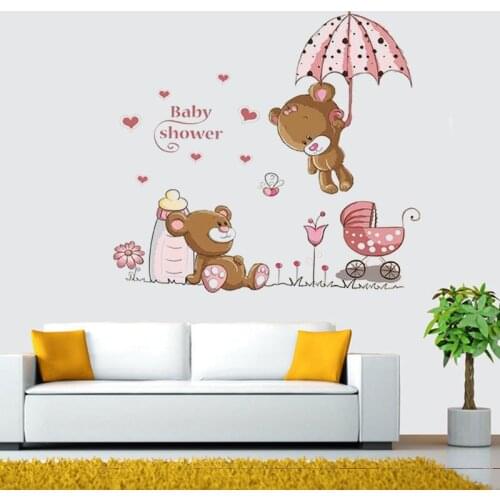 Cute pink cartoon animal love bear flower baby children bedroom room decor wall stickers kids nursery decal sticker girl gift