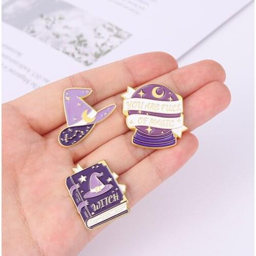 Trendy Purple Magic Book Enamel Brooch Wizard Witch Crystal Ball Hand Lapel Pins For Women Badges Bag Goth Witchy Jewelry