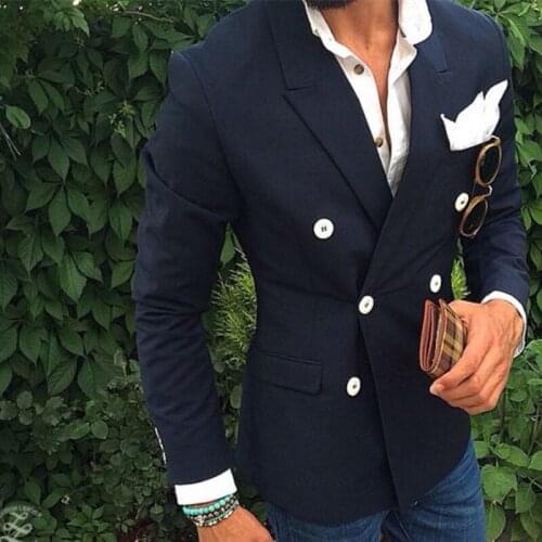 ANNIEBRITNEY Navy Blue Slim Fit Double Breasted Blazer Men Suit Fashion Jacket Custom Groom Wedding Suit Blazer Terno Masculino