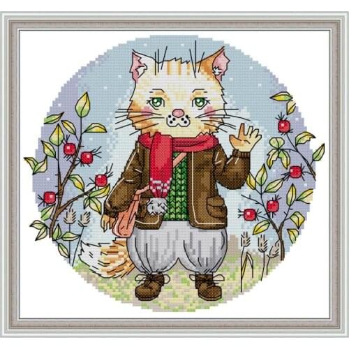 Cute Mr Kitten Pattern Cross Stitch Embroidery Kit 11CT Printed Fabric 14CT Canvas DMC Count Embroidered Cotton Thread DIY Craft