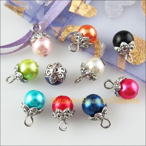New 20Pcs Mixed Round Glass Beads & Flower End Caps Charms Pendants 8x14mm