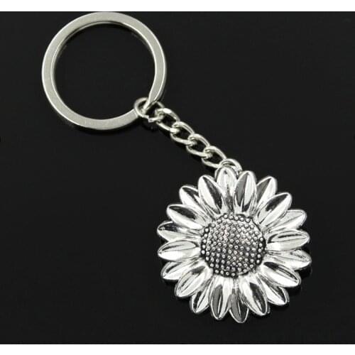 New Fashion Men 30mm Keychain DIY Metal Holder Chain Vintage Sunflower Flower 37x37mm Antique Silver Color Pendant