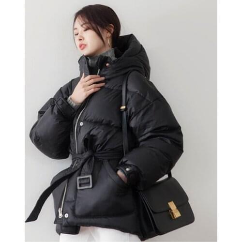 2021 winter new style Korean version down jacket fashion loose thickened women clothes waistband hooded white duck down coats