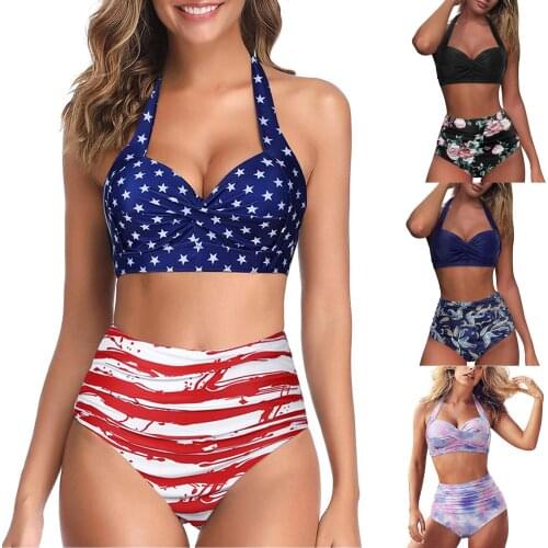 S-XXL Women Vintage Swimsuit Two Piece Retro Halter Ruched High Waist Print Bikini Set badpak dames Thicken beach suit Casual F4