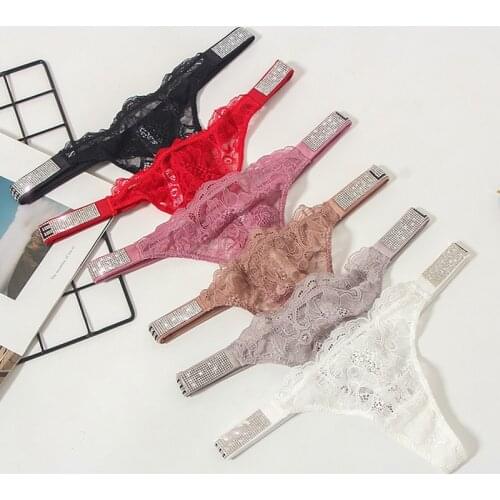 Sexy Women Underwear Rhinestone Letter Thongs Lace Transparent T Back For Female Low Rise Soft Ladies Panties Black Lingerie