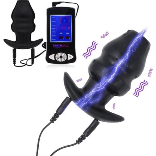 Electric Shock Hollow Silicone Butt Plug Male Enema Massage Prostate Vibrator Silicone Speculum Electric Anal Toy for Men Women