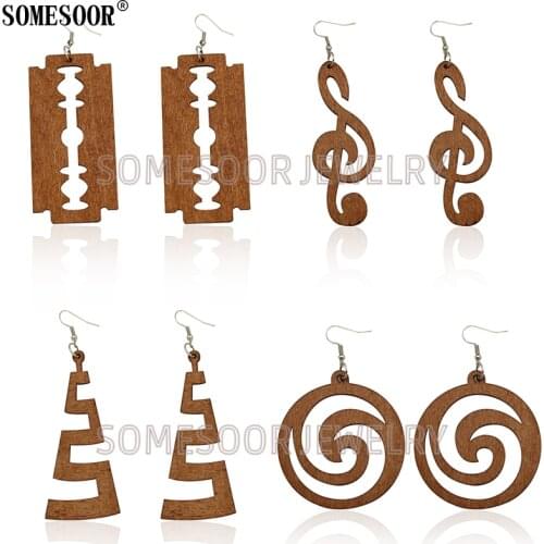 SOMESOOR Laser Cutting Music Notation Razor Shape High Quality Natural Wood Dangle Drop Earrings For African Women Fashion Gifts