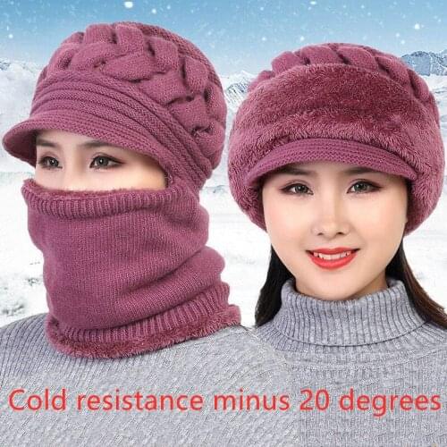 Warm thick and velvet knitted all-in-one cold-proof hood, brand high-quality outdoor activity wool fur hat and collar SP021