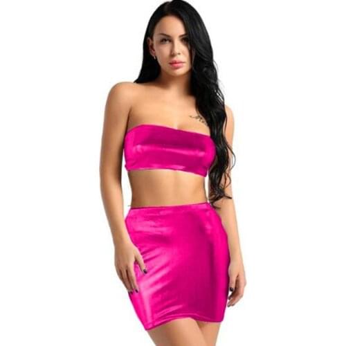 Women Sexy Wrap Chest And Skirt Backless top Mini Skirt Faux Leather PU club party wear chest fashion slim fit short skirt suit