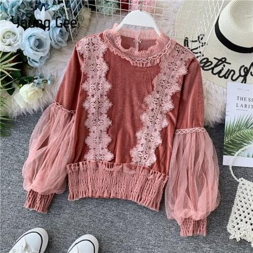 Young Gee Elegant Velvet Blouse Shirt Women Lantern Sleeve White Black Lace Flower Hollow Out Blouse Spring Elastic Tops Blusas