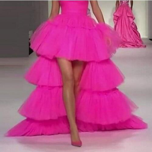 Юбка Skirt Runway Women Party Wear Long Skirts Hot Pink Long Female Hi Low Tulle Skirts Tiered mujer faldas