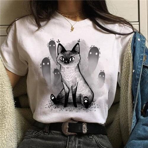 Halloween Female Tshirt O Neck Tops Tee T-Shirt Streetwear Clothing Cute Cartoon Cat Mushroom Print Women T Shirt Short Sleeve
