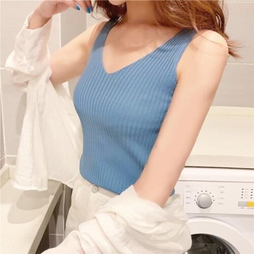 Women Clothing Spring Summer Fall V-neck Knitted Ice Silk Sleeveless Top Thin Vest Knit Sweater Women Female Sexy Slim Camisole