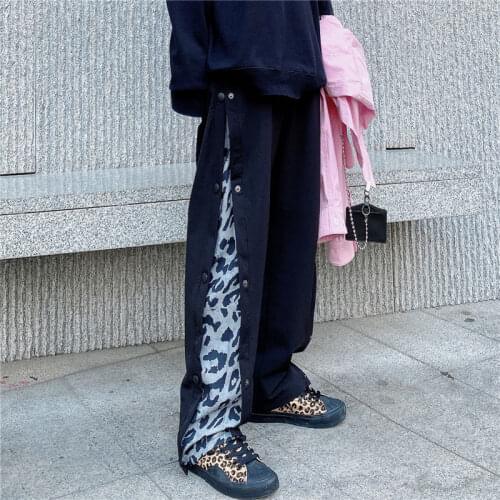 Women Leopard Patchwork Button Long Pant Elastic Waist Trouser Harajuku Lady Street Rock Wide Leg Pants Korean Fashion Cloth