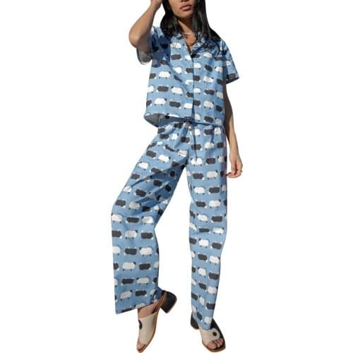 Y2K Women Shirt + Pants Set 2021 Floral Printed Soft Notched Short Sleeve Blouse Long Pant Fashion Girls Outfits 2 Pieces