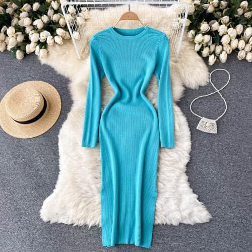 SINGREINY Women Autumn Knitted Dress Long Sleeve O Neck Elastic Slim Pencil Dress Korean Style Sexy Bodycon Split Sweater Dress