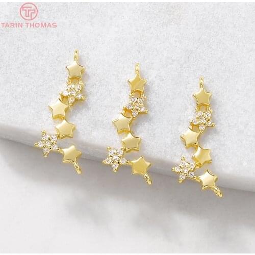 4PCS 20x10MM Hole 1MM 24K Gold Color Plated Brass with Zircon Star Connector Charm Pendants High Quality Diy Jewelry Accessories