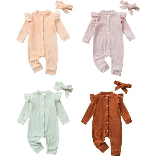 Baby Girls Spring Autumn Casual Clothes Set Solid Color Long Sleeve Button-down Velvet Romper and Headdress 2 Pcs