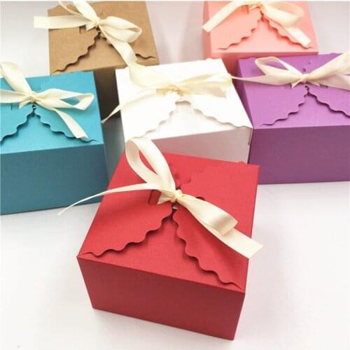20pcs Kraft Paper Square Candy Box Rustic Wedding Favors Party Gift Boxes with Free Ribbon,DIY Handmade gift packing paper boxes