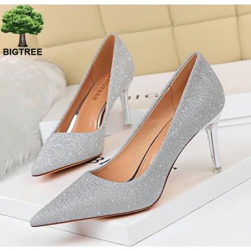 2020 Autumn Fashion Women 7.5cm 10.5cm High Heels Pumps Lady Glitter Sexy Wedding Bridal Low Heels Party Valentine Silver Shoes