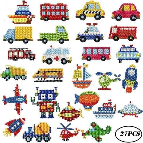27 Pcs 5D Diamond Painting Kits Childrens Painting Number Arts Automotive Engineering Vehicle DIY Mosaic Diamond Stickers Craft
