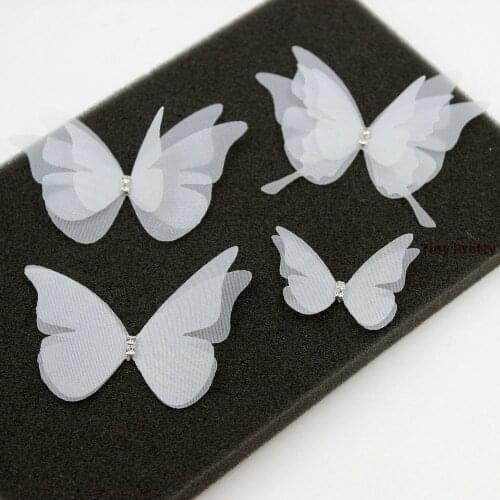 20PCS white Organza Butterflies W/ Rhinestone Swallowtail Butterflies for DIY Jewelry Making, Hair Clips