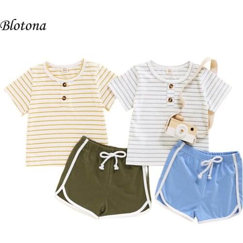 Blotona 2Pcs Toddler Summer Streetwear, Stripe Henley Neck Short Sleeves T-Shirt+Splicing Color Shorts for Boys, Girls, 1-5Years