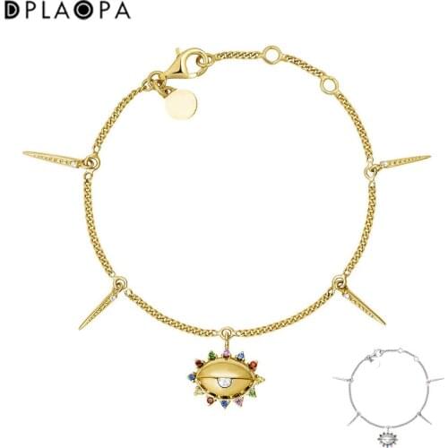 DPLAOPA 925 Sterling Silver Gold Rainbow CZ Zircon Coated Silver Eye Motif Bracelet Jewelry Women Wedding Party Jewels