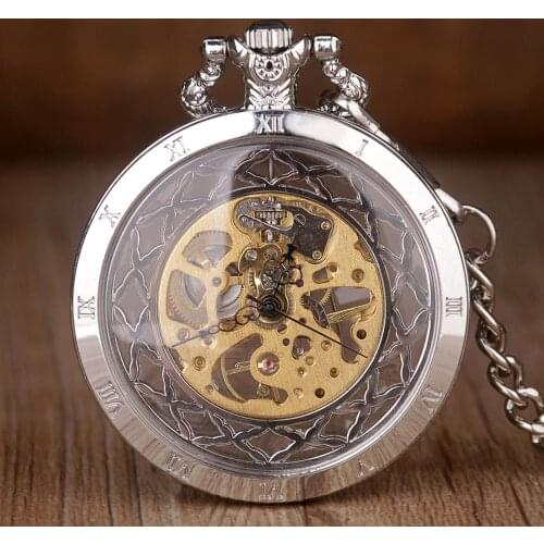 New Fashion Sliver Mechanical Pocket Watch Hand Winding Pocket Watches with Fob Chain Clock for Men Women Best Gifts