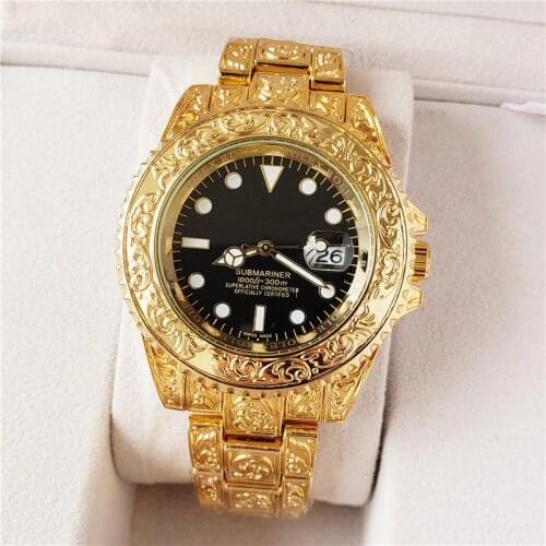 Hip Hop Big Brand Watches Mens Luxury Alloy Band Date Carved Gold Business Quartz Wristwatches Reloj Hombre Acero Inoxidable